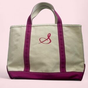 LL Bean Boat and Tote Large Canvas Tote Bag White Pink Trim USA Made Embroidered